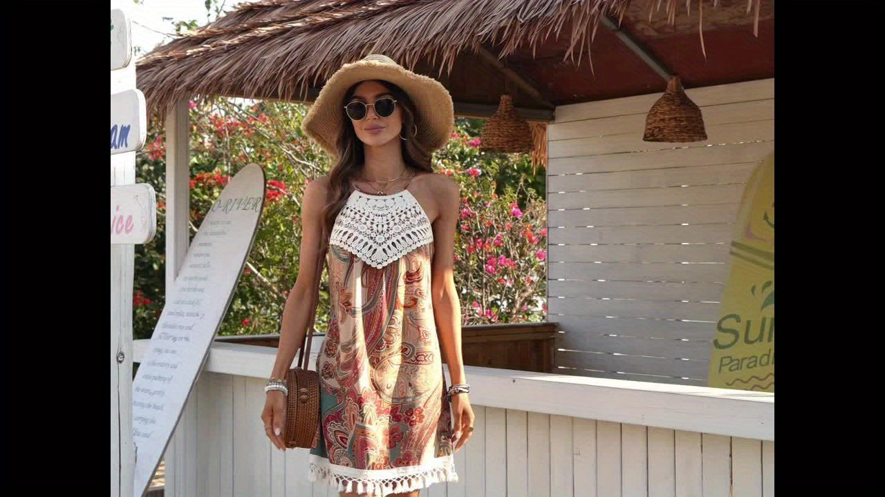 Damen Sommer Tunika Kleid im Boho-Stil mit Paisley-Print und Häkel-Details – Ideal für Strand und Freizeit