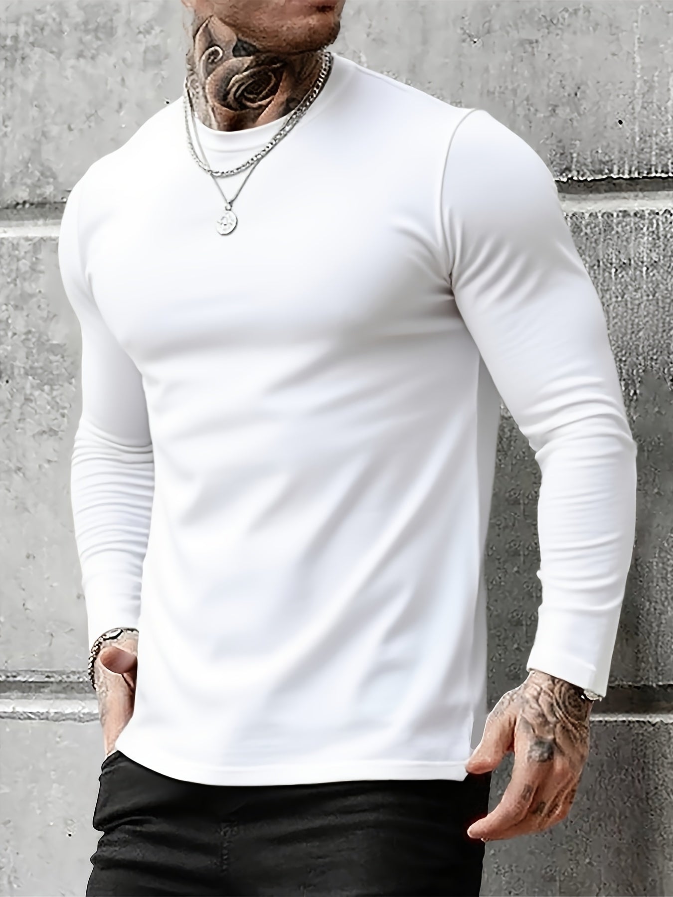 Langærmet herre-T-shirt, 3-pak, rund hals, slim fit, basic, sort, grå, hvid
