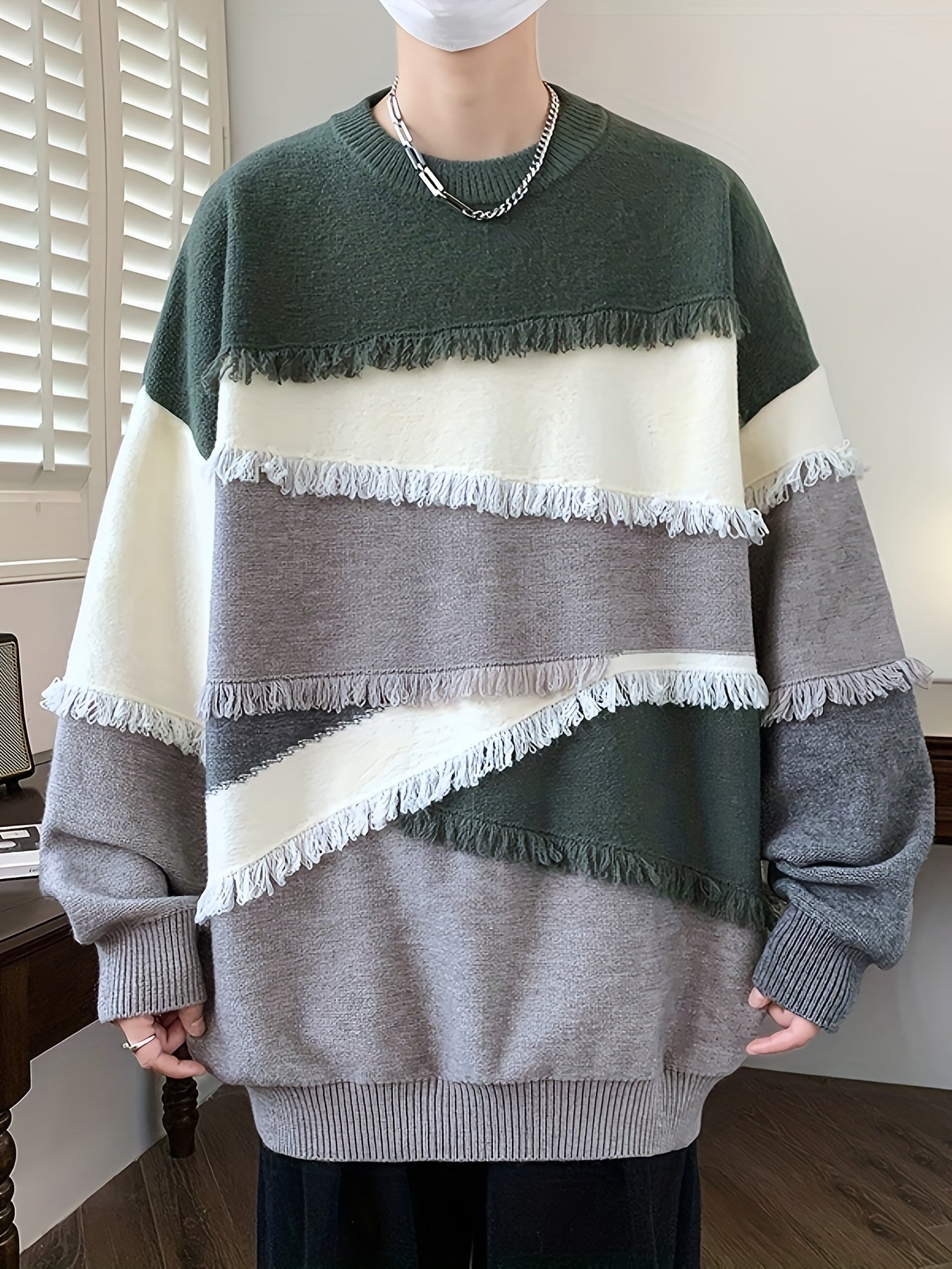 Unisex Patchwork Pullover mit Fransen Rundhals Langarm Strickpullover Mehrfarbig