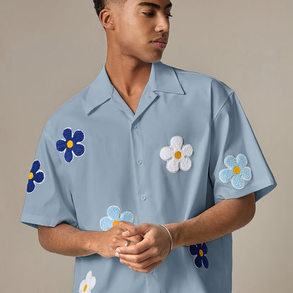 Herre kortermet fritidsskjorte med blomsterapplikasjoner – Moderne camp-krage design for hverdag og sommer
