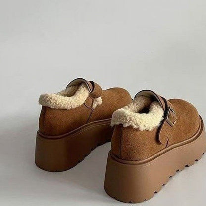 Damen Plateauschuhe Chunky mit Schnalle und Teddyfutter Braun