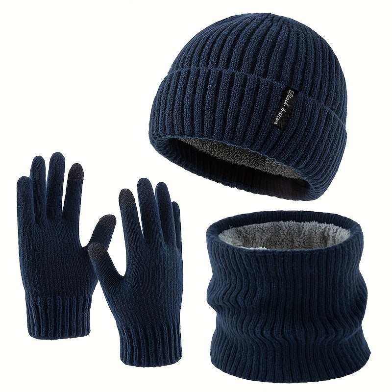 Winterset muts sjaal handschoenen ribbreisel fleecevoering, zwart