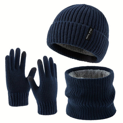 Winterset muts sjaal handschoenen ribbreisel fleecevoering, zwart