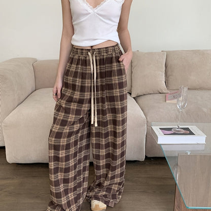 Pantaloni del pigiama da donna, marroni, a quadri, a gamba larga