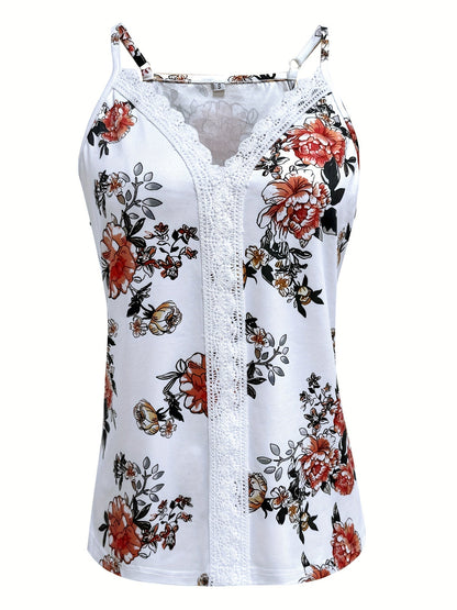 Top spaghetti pour femme avec motif floral et dentelle – Blouse d'été décontractée et sexy
