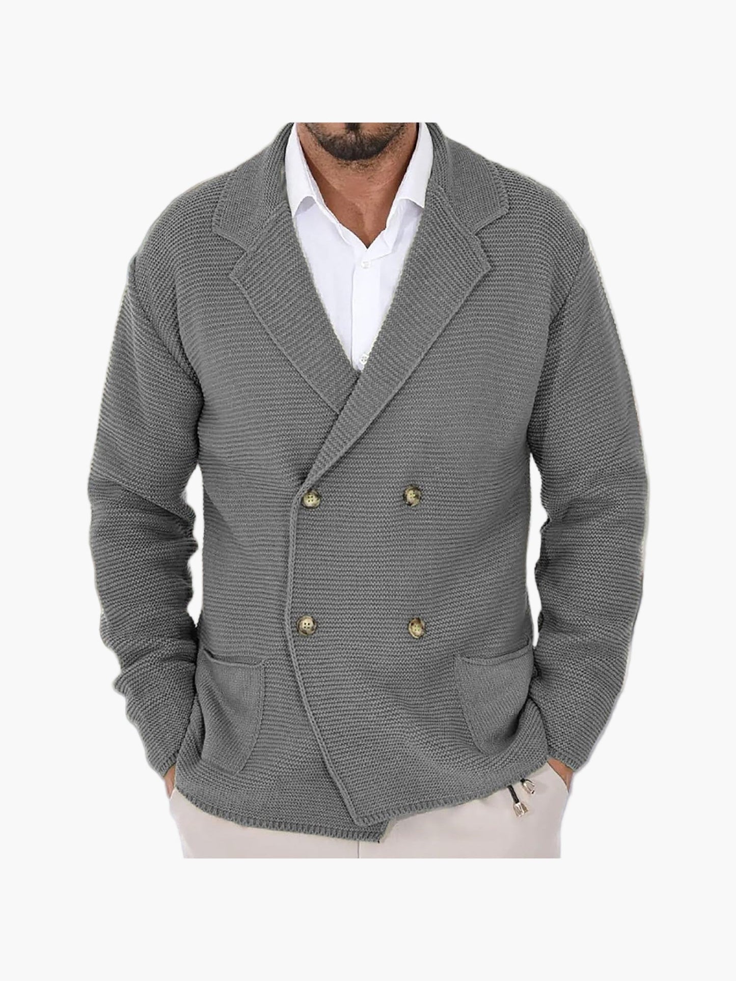 Herre Strikjakke med reverskrave og dobbeltradet knaplukning – Elegant casual-stil til hverdag og kontor
