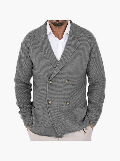 Herre Strikjakke med reverskrave og dobbeltradet knaplukning – Elegant casual-stil til hverdag og kontor