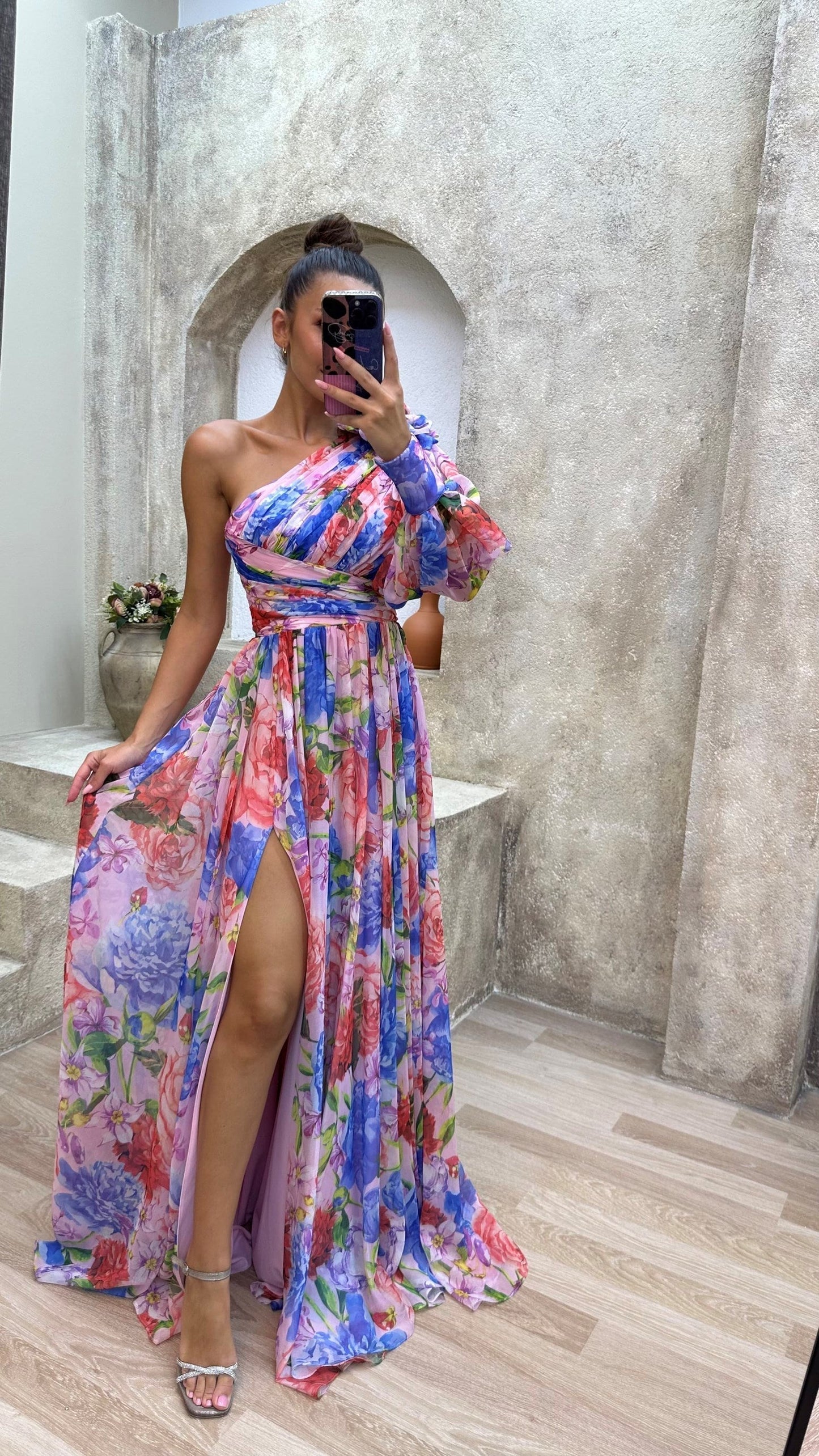 Damen Maxikleid One-Shoulder Blumenkleid Elegantes Sommerkleid für besondere Anlässe