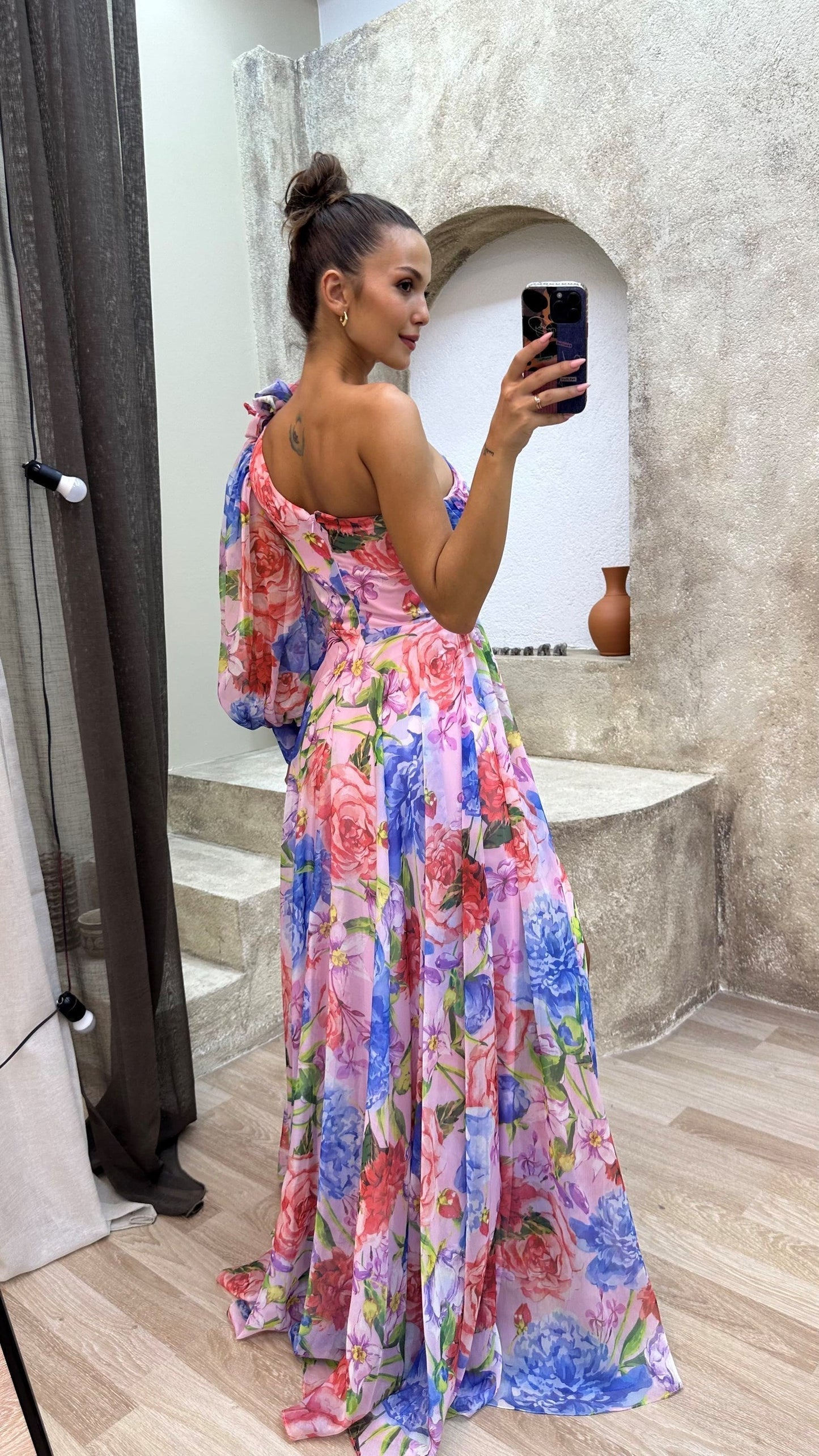 Damen Maxikleid One-Shoulder Blumenkleid Elegantes Sommerkleid für besondere Anlässe