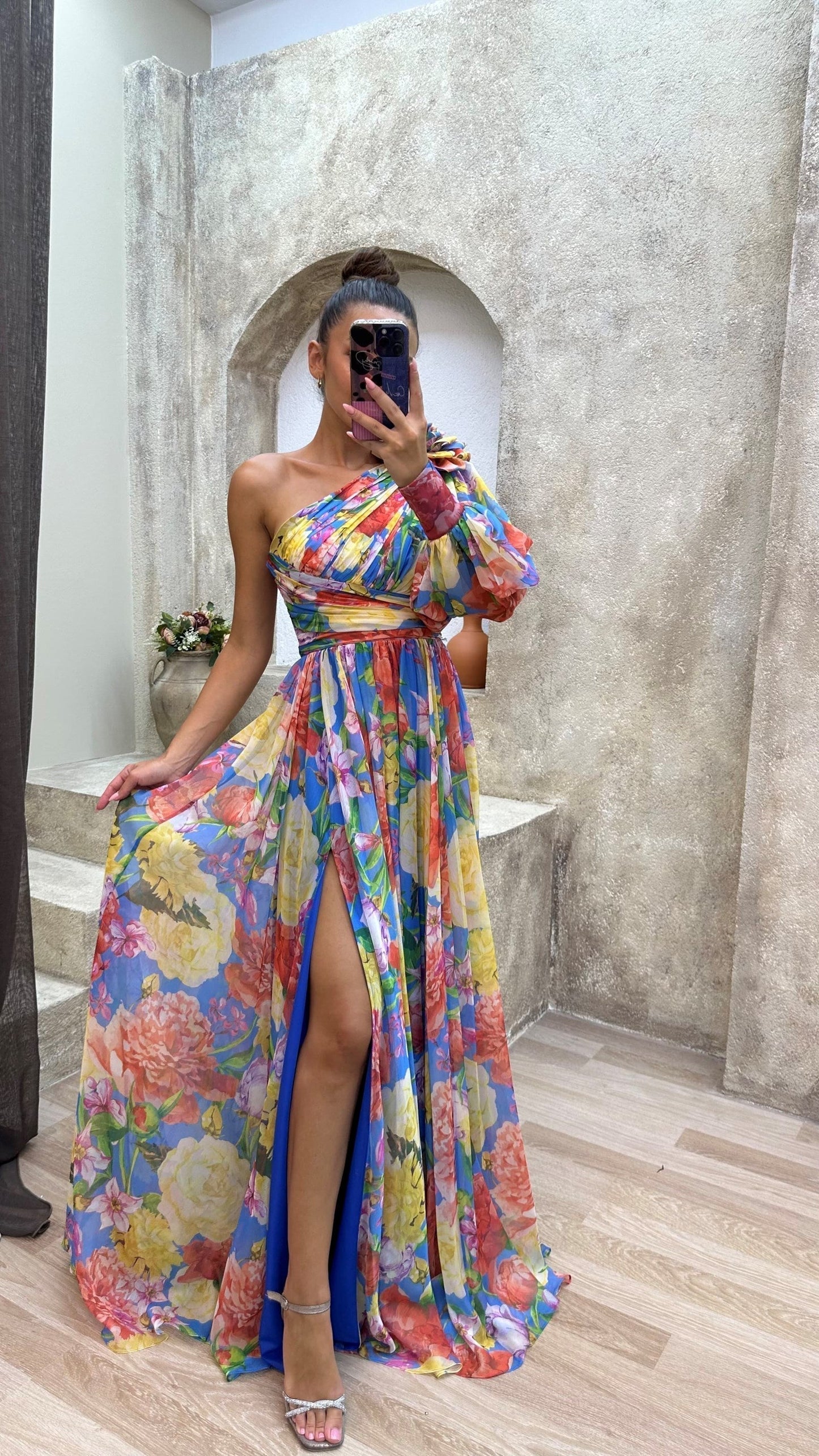 Damen Maxikleid One-Shoulder Blumenkleid Elegantes Sommerkleid für besondere Anlässe