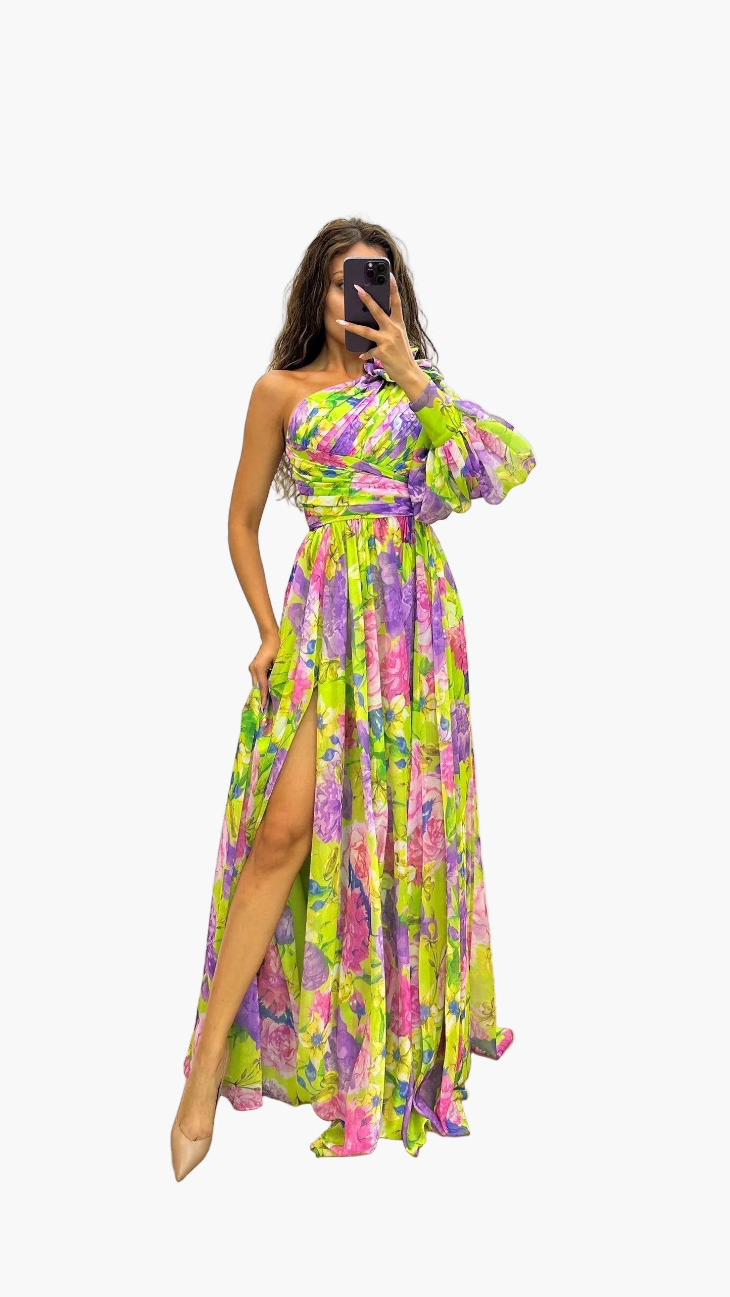 Damen Maxikleid One-Shoulder Blumenkleid Elegantes Sommerkleid für besondere Anlässe