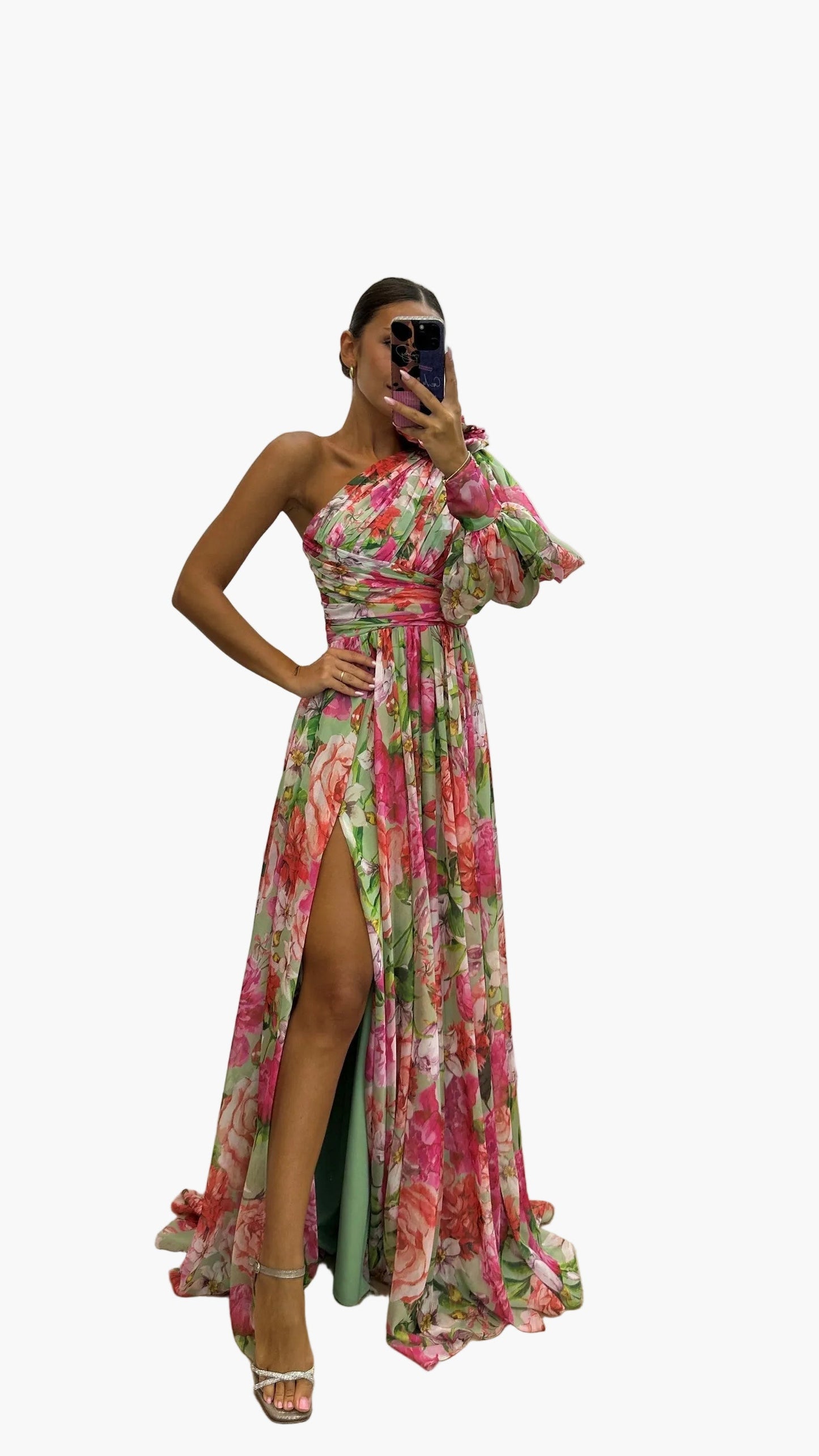 Damen Maxikleid One-Shoulder Blumenkleid Elegantes Sommerkleid für besondere Anlässe