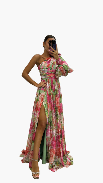 Damen Maxikleid One-Shoulder Blumenkleid Elegantes Sommerkleid für besondere Anlässe