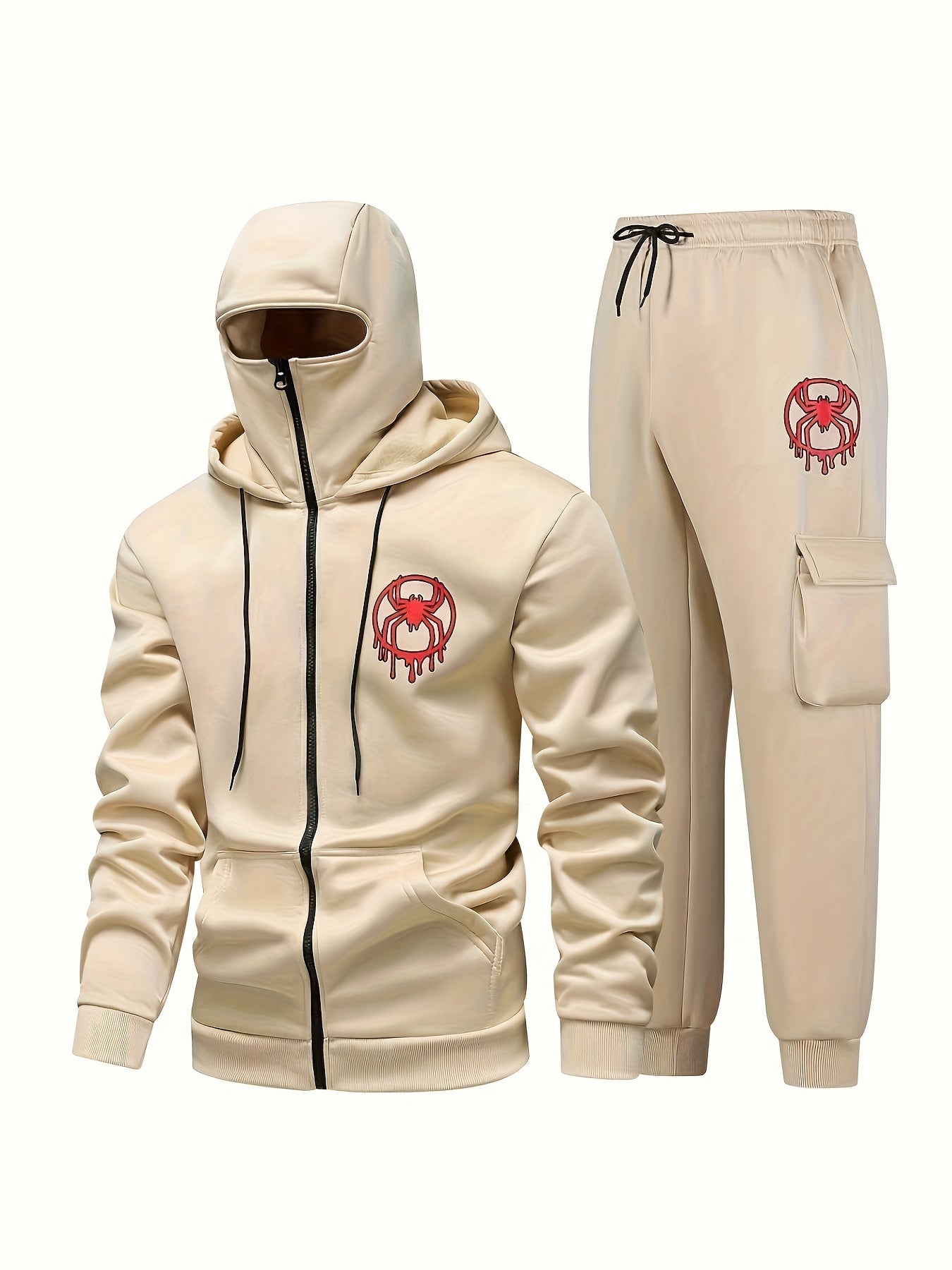Unisex Kapuzenpullover Balaclava-Design & Jogginghose Trainingsanzug mit Spinnen-Logo