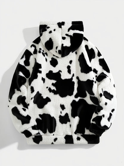 Unisex Teddy Fleece Hoodie mit Kapuze und Kuhfleckenmuster