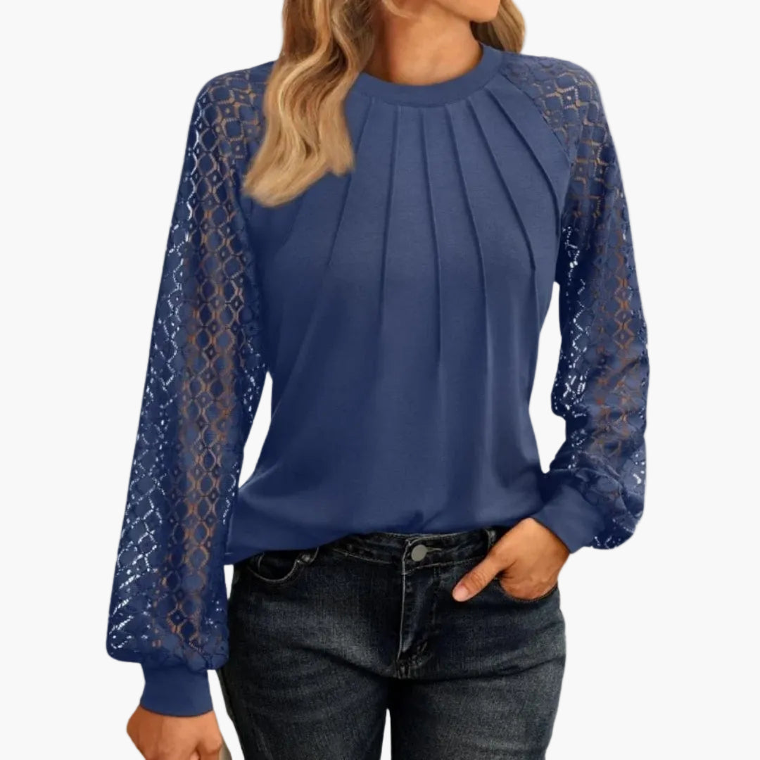 Blusa de manga larga para mujer con mangas de encaje y diseño plisado – Moda casual elegante para el día a día y oficina
