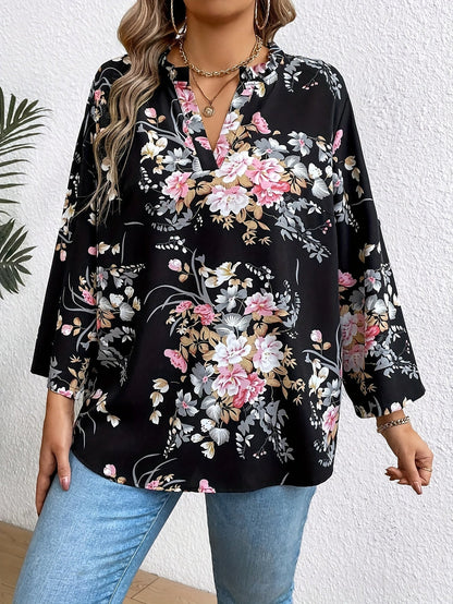 Damen Elegante Bluse mit Blumenmuster und V-Ausschnitt – Perfekt für Alltag und Büro