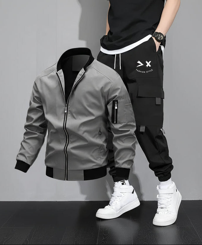 Set streetwear uomo – Giacca bomber e pantaloni cargo per tempo libero e uso quotidiano