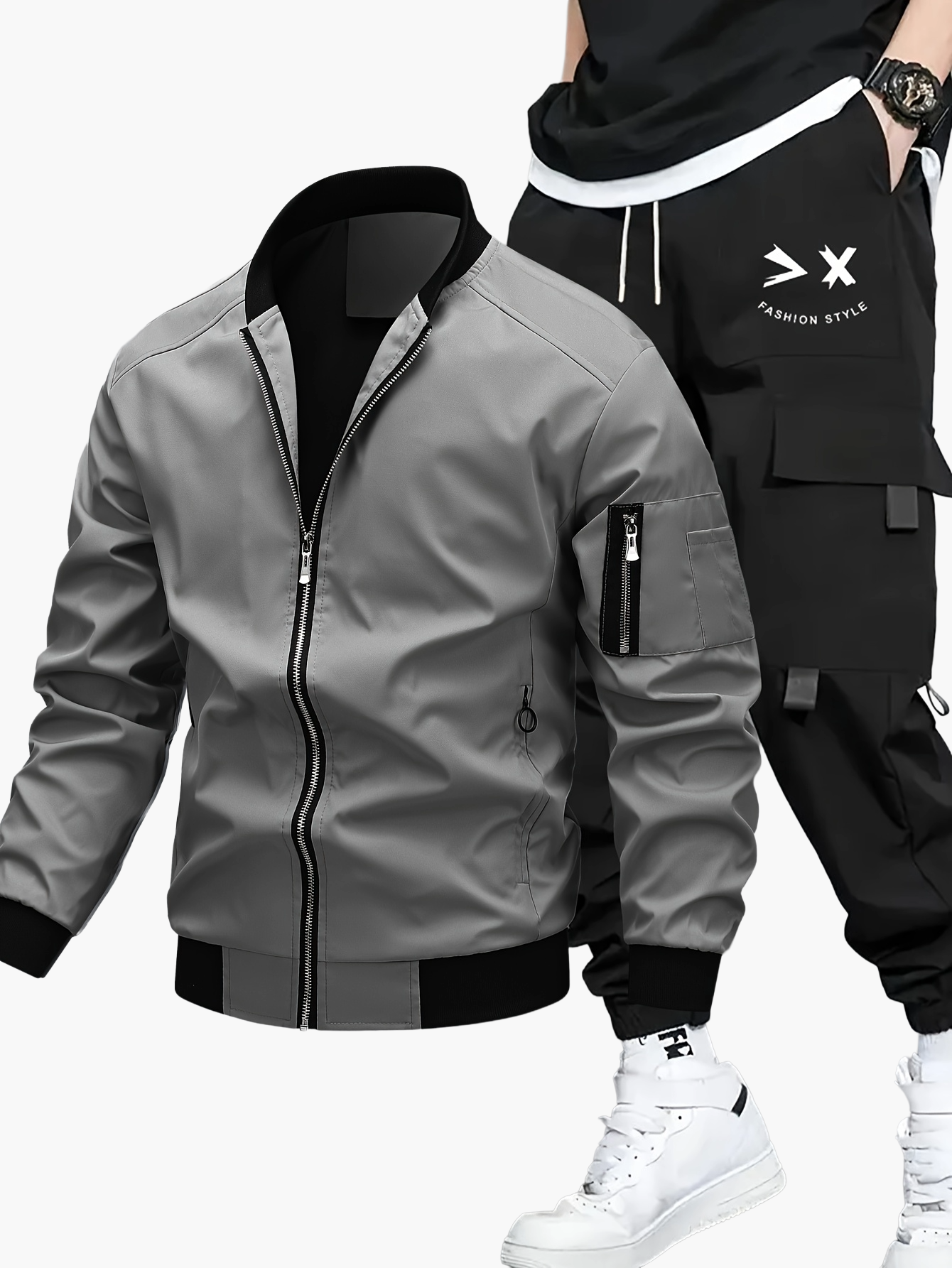 Set streetwear uomo – Giacca bomber e pantaloni cargo per tempo libero e uso quotidiano