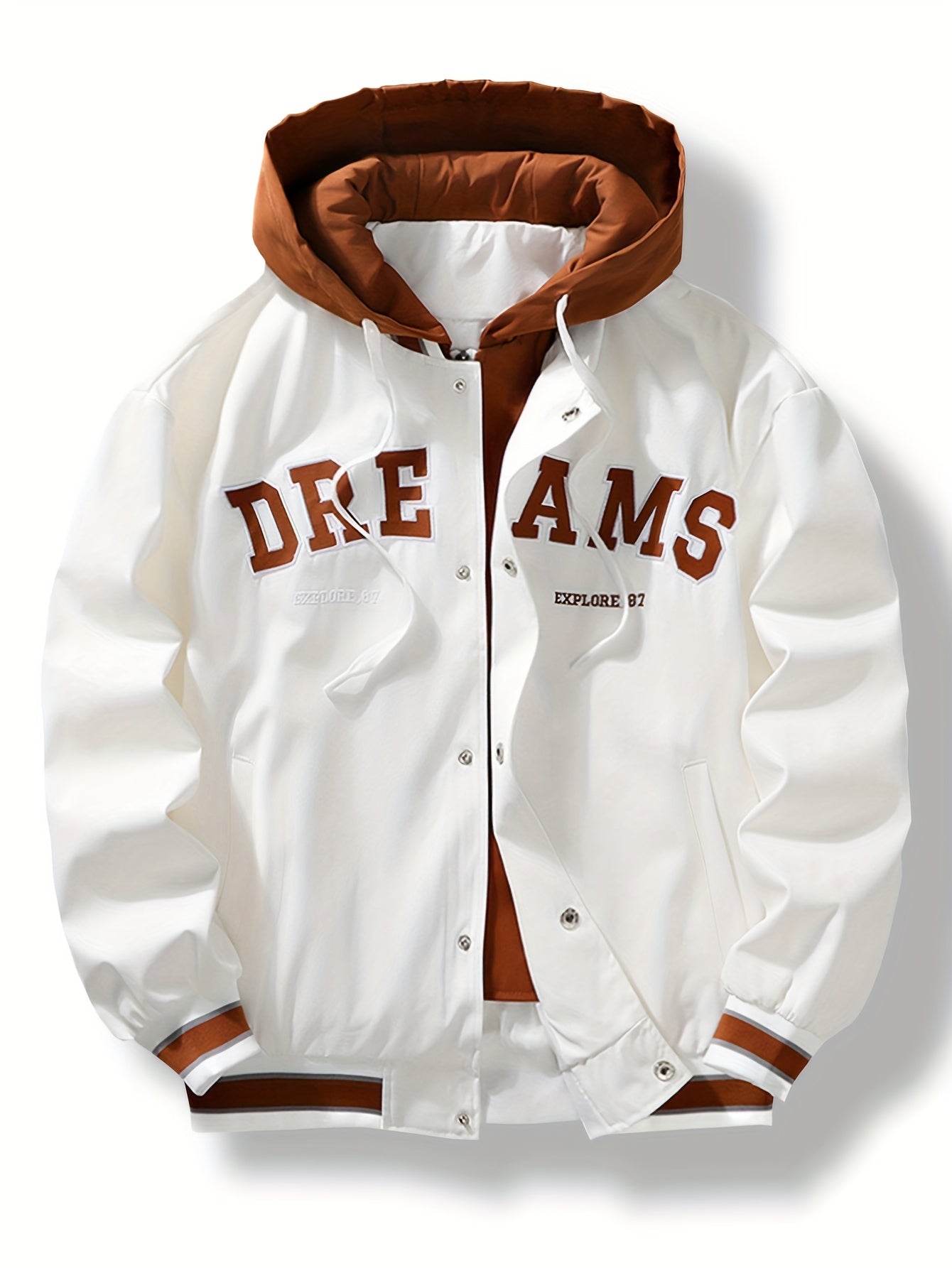 Giacca college da baseball con cappuccio, chiusura con bottoni e ricamo «DREAMS»