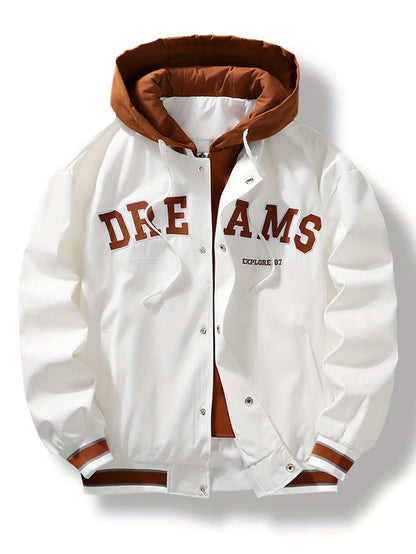 Giacca college da baseball con cappuccio, chiusura con bottoni e ricamo «DREAMS»