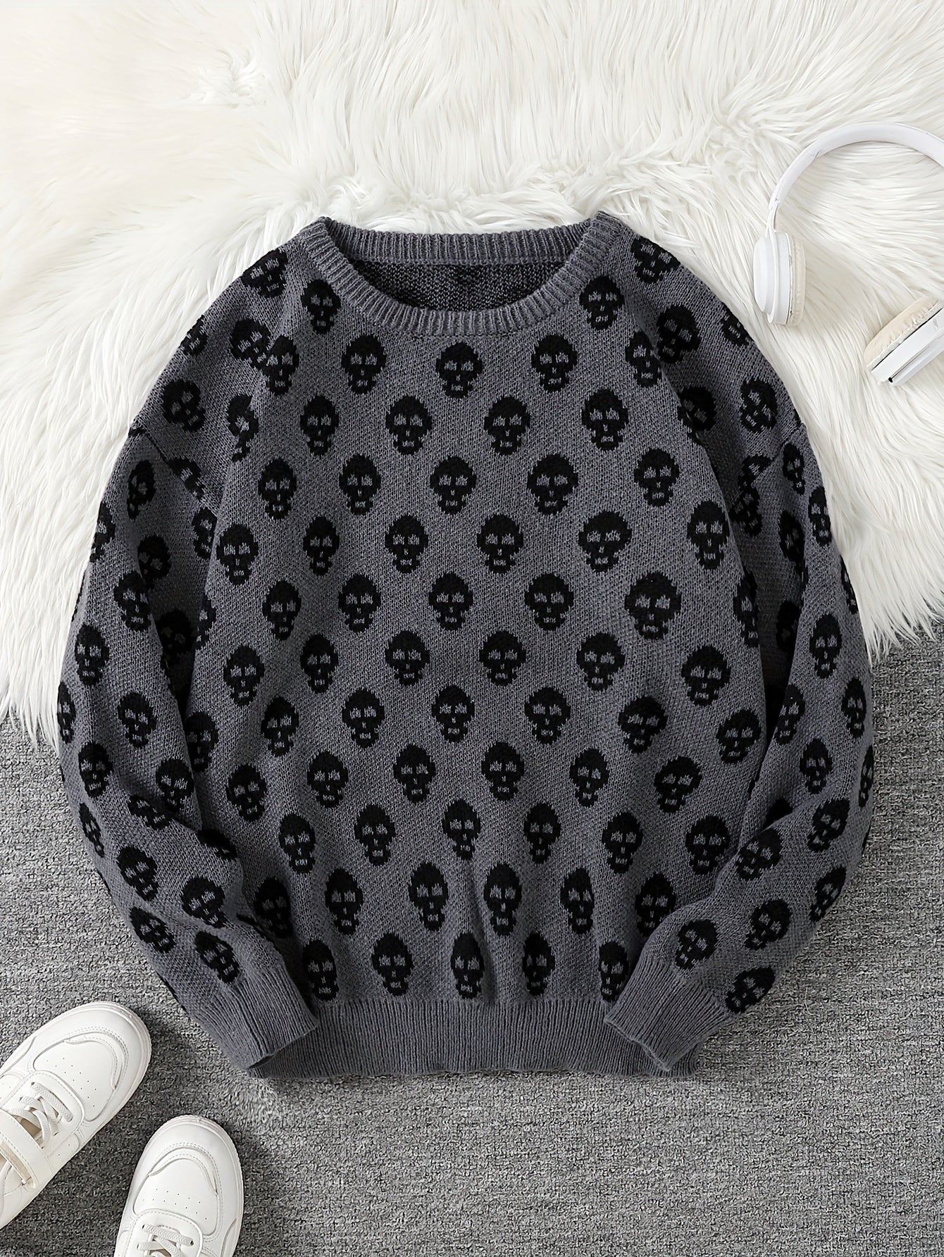 Jersey de punto unisex con cuello redondo, estampado de calavera y manga larga