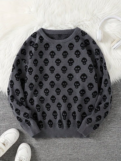 Jersey de punto unisex con cuello redondo, estampado de calavera y manga larga