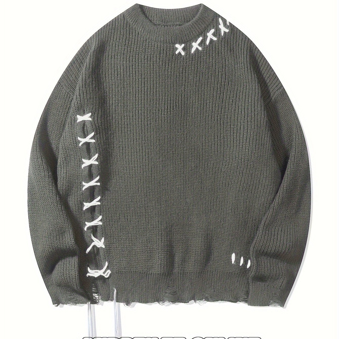 Unisex Strickpullover mit Kreuzstich-Detail und zerrissenem Saum