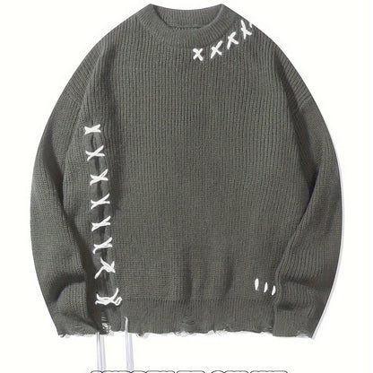 Unisex Strickpullover mit Kreuzstich-Detail und zerrissenem Saum