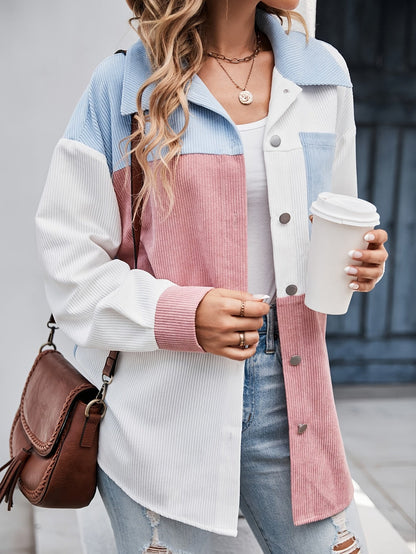 Cordhemdjacke Damen Oversized Colorblock Türkis Rosa Weiß