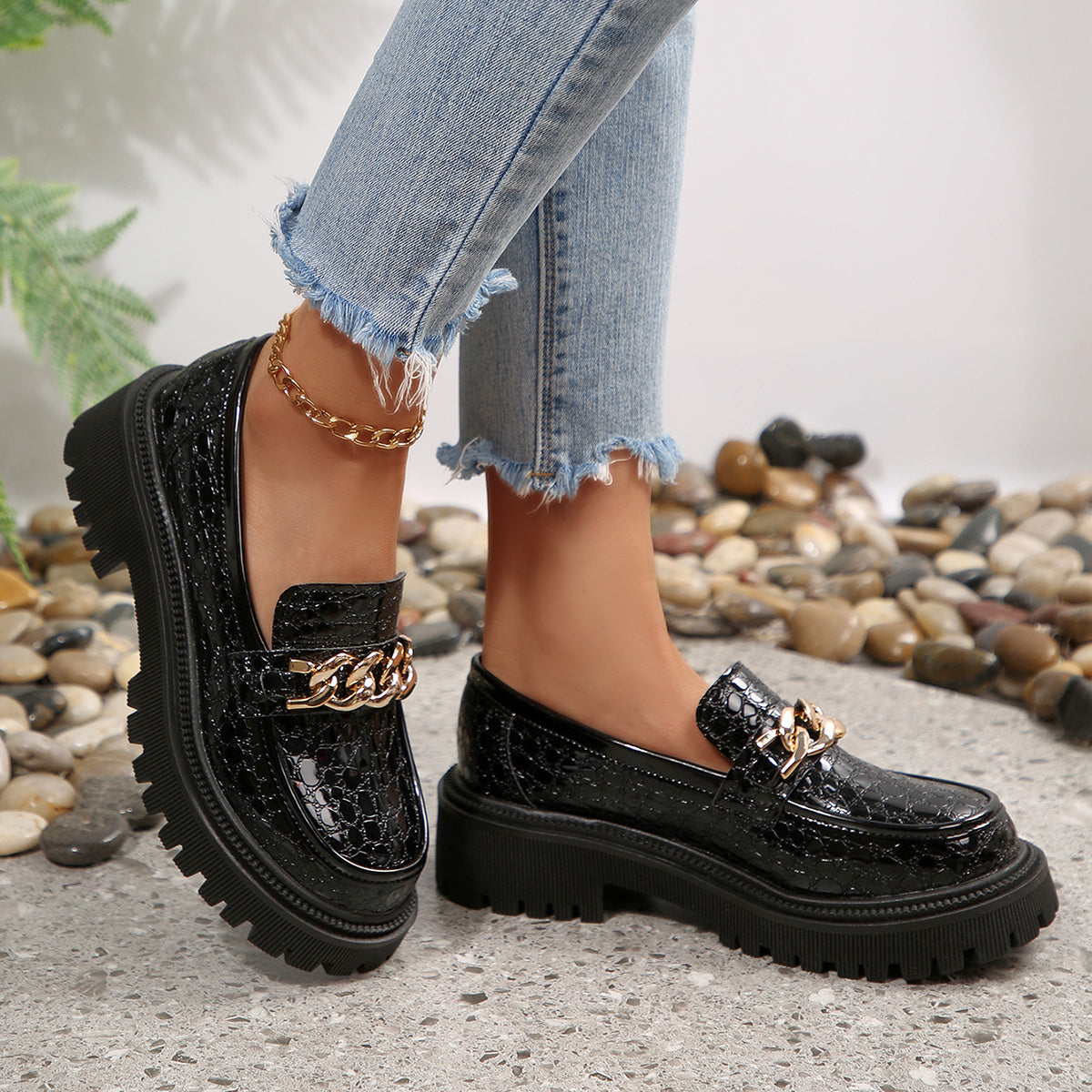Mocassino chunky da donna con decorazione a catena – Scarpe slip-on alla moda per tutti i giorni e ufficio