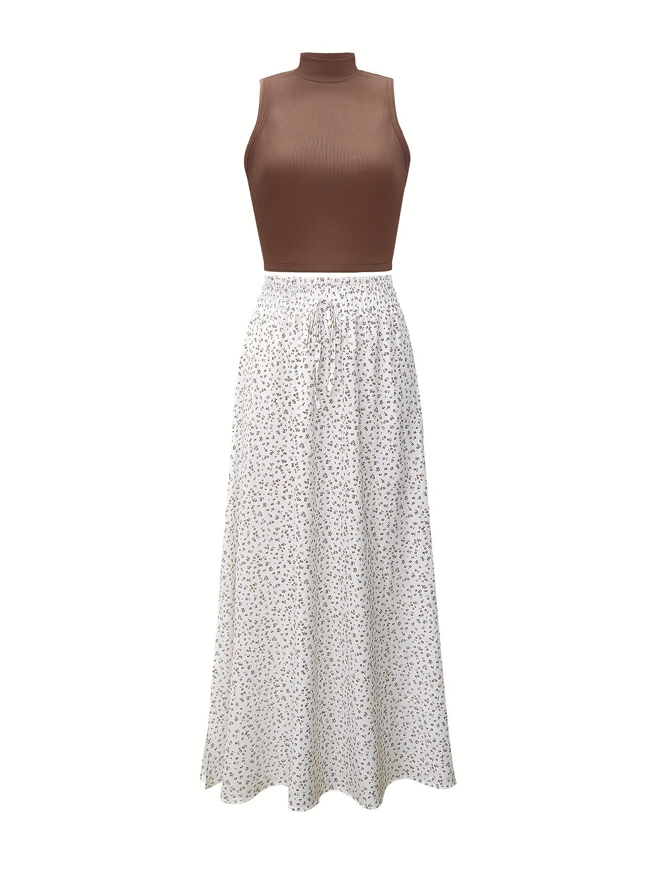 Top corto elegante senza maniche da donna con collo alto e gonna a fiori – Perfetto per primavera ed estate
