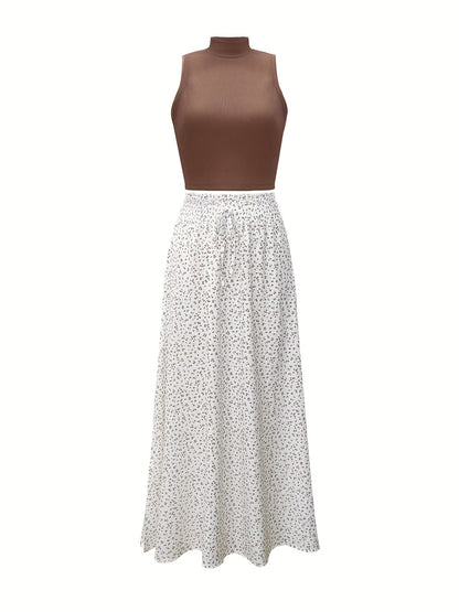 Top corto elegante senza maniche da donna con collo alto e gonna a fiori – Perfetto per primavera ed estate