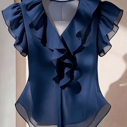 Damevolantbluse med V-hals og volanger – Elegant chiffongbluse for kontor og kveld