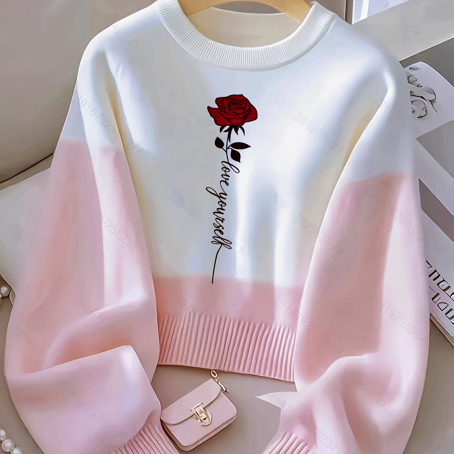 Dame-sweatshirt i creme-rosa, tofarvet med rosenprint og ribmanchetter
