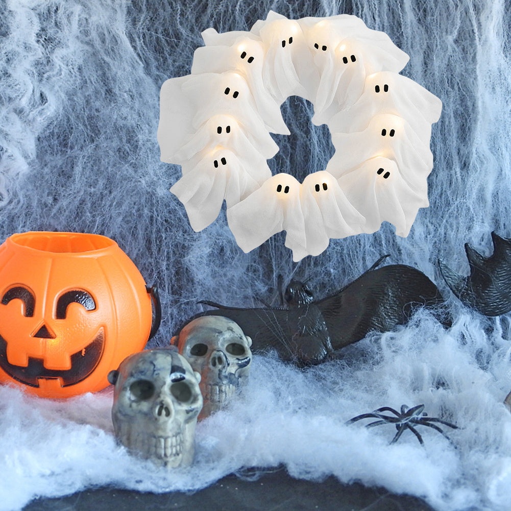 Couronne de porte Halloween avec lumières fantômes – Décoration pour fêtes Halloween et maison hantée