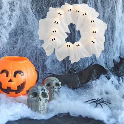 Couronne de porte Halloween avec lumières fantômes – Décoration pour fêtes Halloween et maison hantée