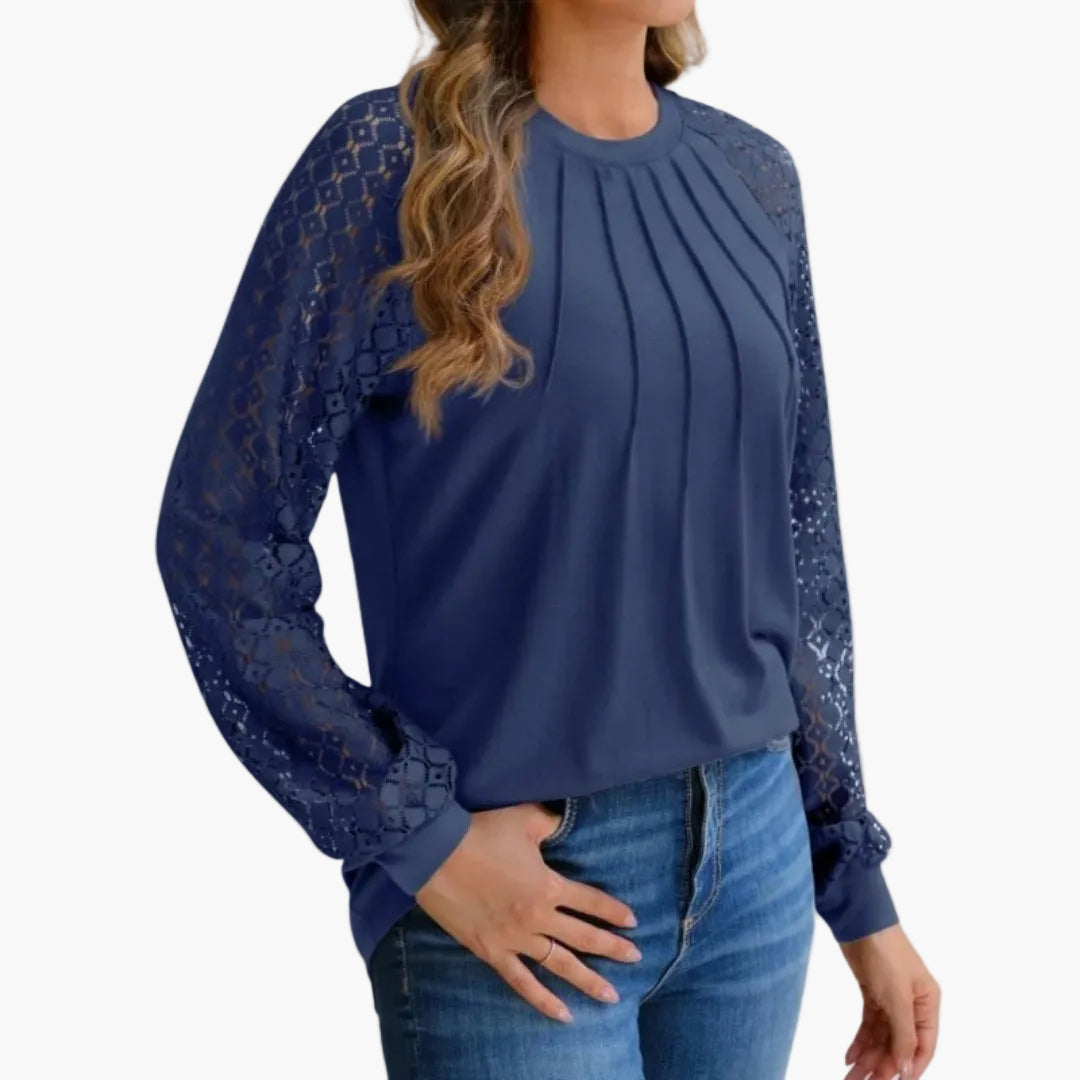 Blusa de manga larga para mujer con mangas de encaje y diseño plisado – Moda casual elegante para el día a día y oficina