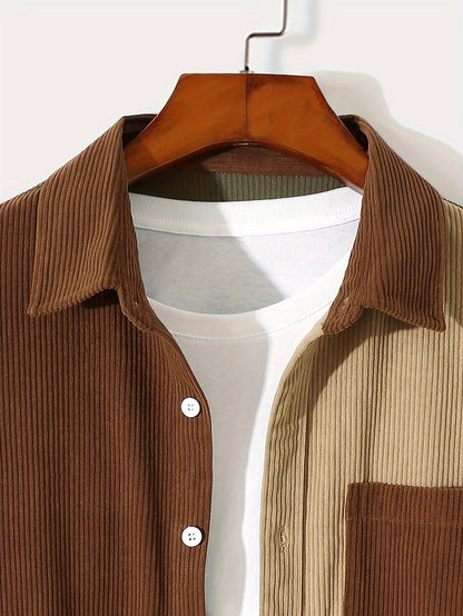 Heren patchworkcorduroy overhemd met lange mouwen, overshirt, bruin beige olijfgroen