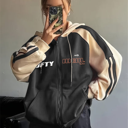 Kapuzenjacke Damen Reißverschluss Zweifarbig Rot Apricot Streifen Oversize
