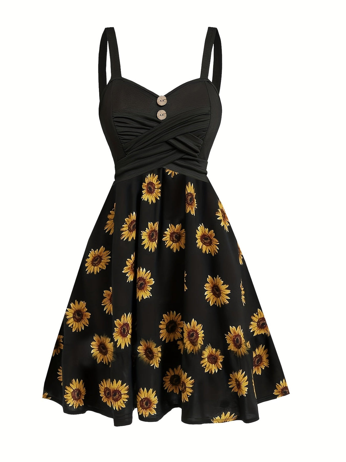Damen Vintage Sommerkleid mit Sonnenblumenmuster und Knopfleiste – Elegantes Freizeitkleid für Frühling und Sommer