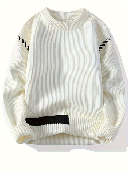 Unisex Strickpullover mit Rundhalsausschnitt und Kontraststreifen-Details, Langarm