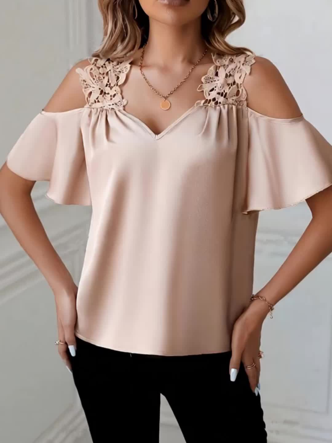 Damen Schulterfreie Bluse mit Spitzen-Detail und Flatterärmeln – Eleganter Alltags- und Ausgehstil