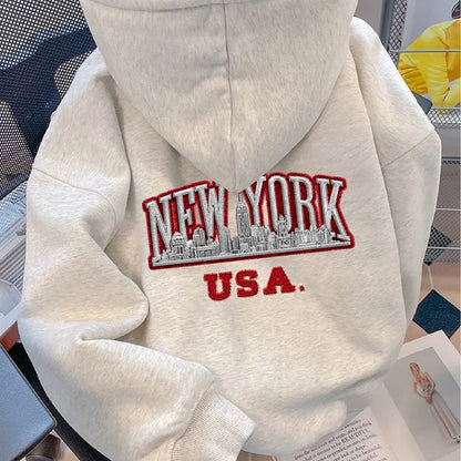 Hoodie mit New York USA Stickerei, Hellgrau, Kapuzenpullover