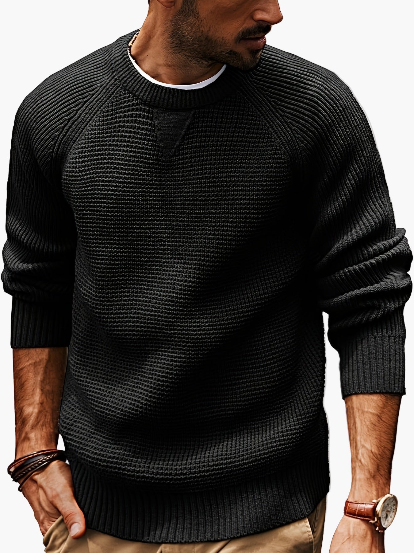 Męski sweter z dzianiny w stylu vintage, regular fit, z okrągłym dekoltem
