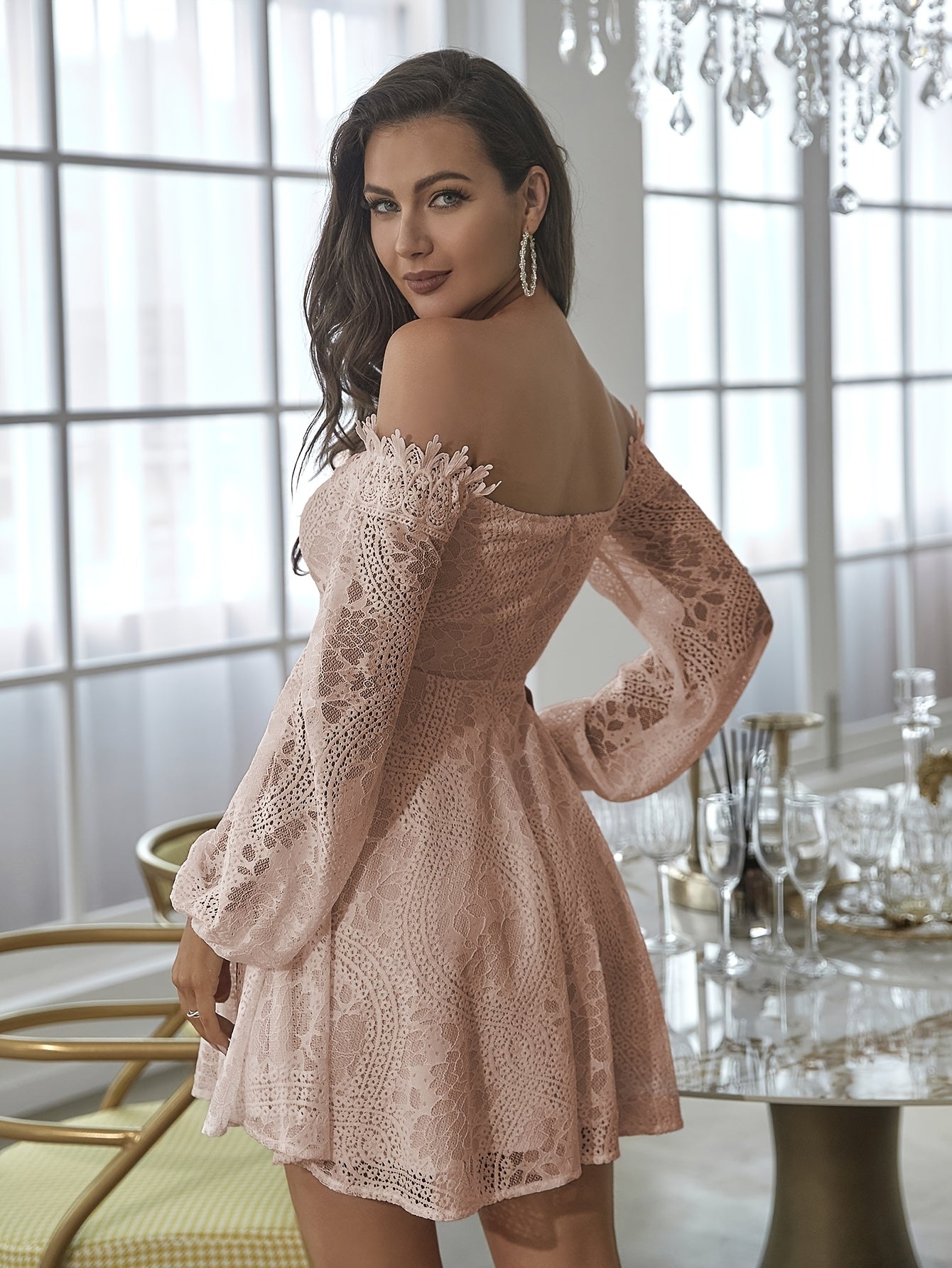 Dames Off-Shoulder kanten jurk elegant A-lijn lente- en zomerjurk feest cocktail