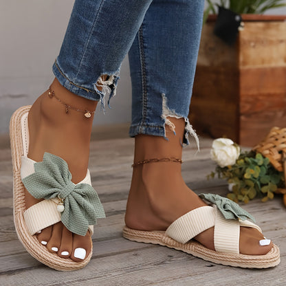 Ciabatte estive vintage da donna con grande fiocco e suola piatta – Comode sandali casual