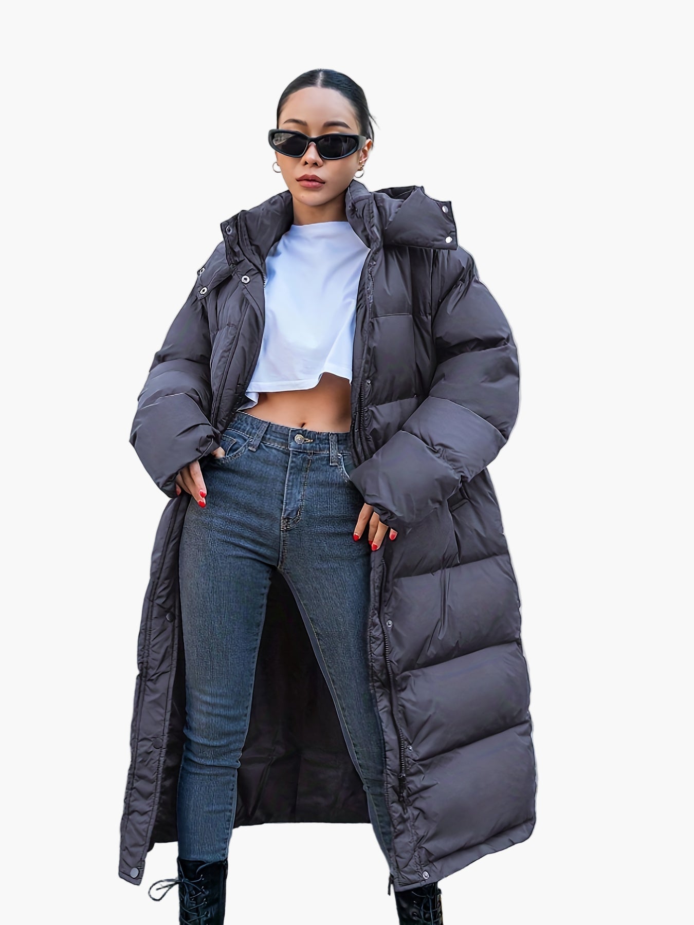 Abrigo acolchado largo de invierno para mujer elegante con capucha – Puff urbano moderno para días fríos