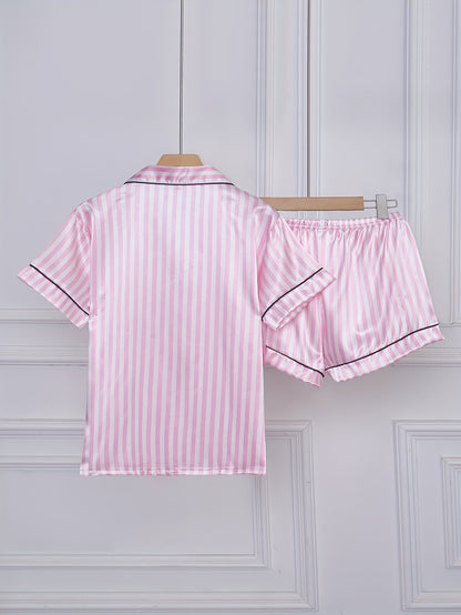 Set pigiama donna manica corta con righe e abbottonatura – Set comodo di biancheria da notte estiva