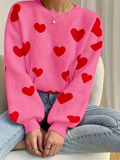 Maglione da donna lavorato a maglia, vestibilità morbida, motivo a cuore, girocollo, bianco e beige